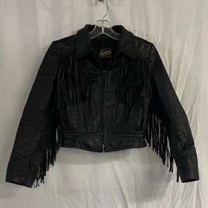 Fringed Black Leather Symax Garment Co. Jacket -
